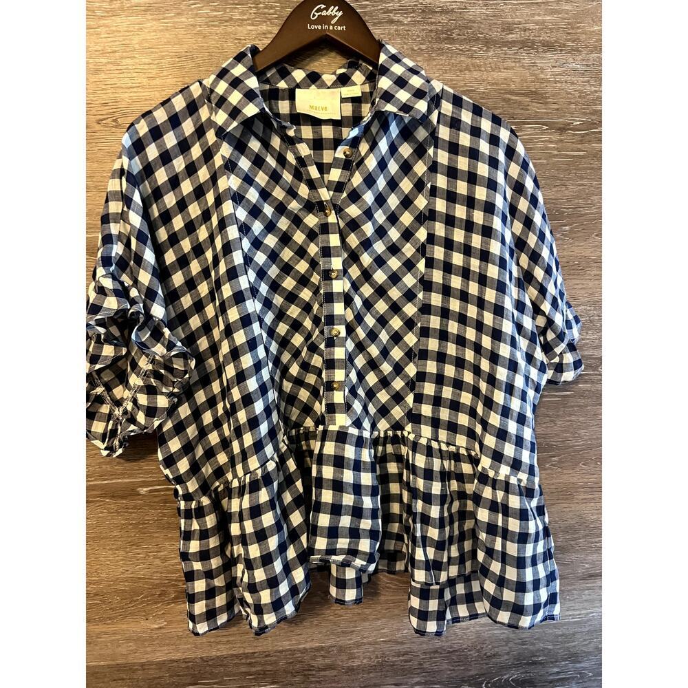 Maeve Checkered Top Blouse Blue size Medium Anthropologie Farmcore